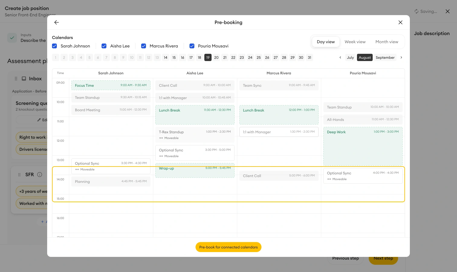 Pre-booking exploration showing four hiring-team calendars in a pop-up within job creation