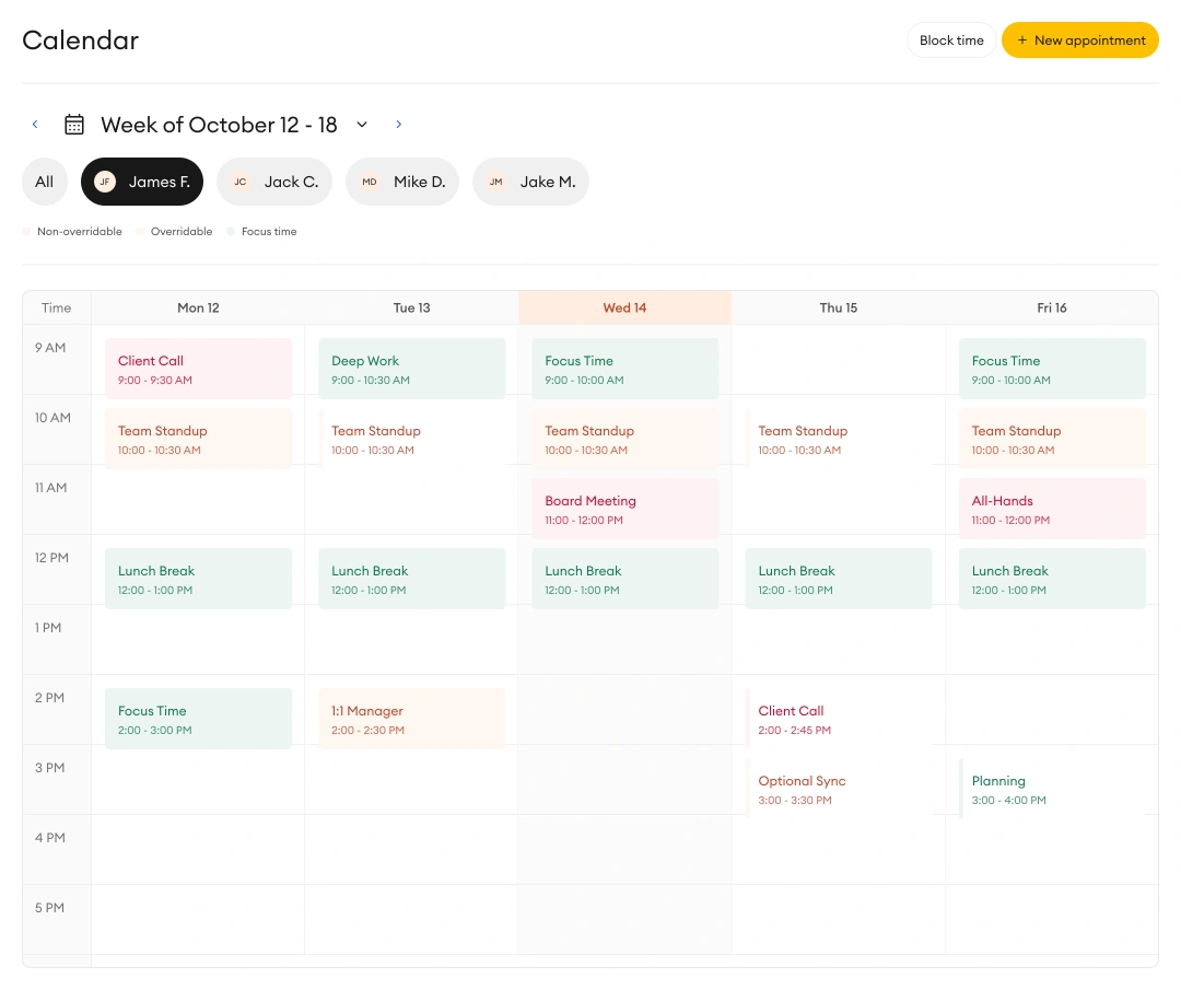 Weekly calendar exploration with hiring-manager filters and different colors for fixed meetings, movable meetings and focus time