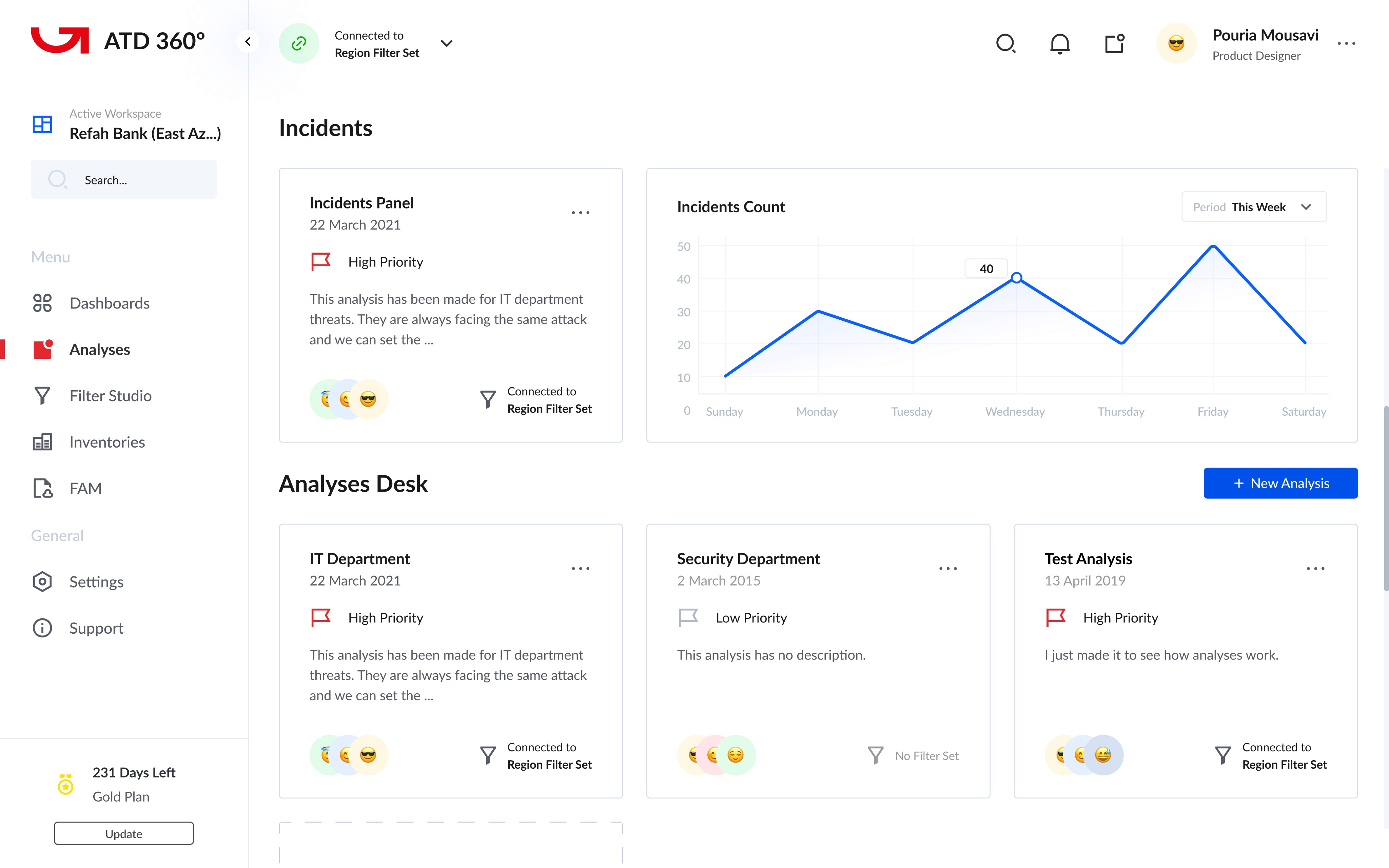 Redesigned ATD 360 home dashboard with incident counts and analysis cards