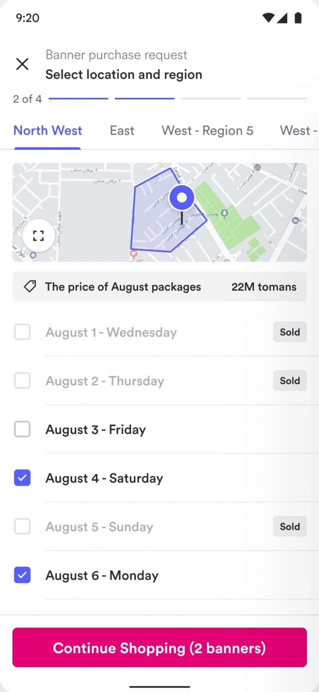 Area map and calendar with selected banner dates